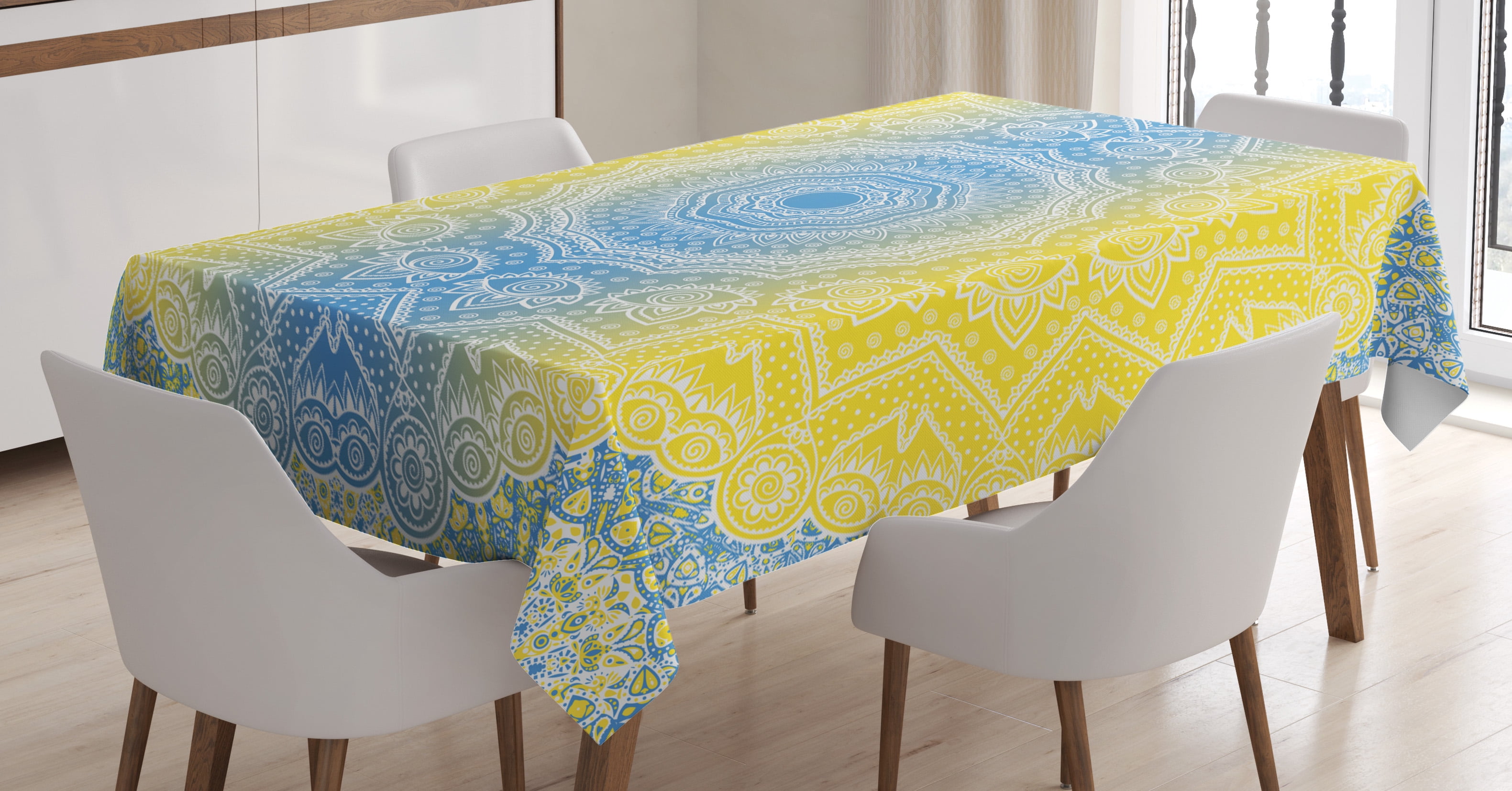 Blue and Yellow Tablecloth, Ombre Mandala Design Tribal Chinese