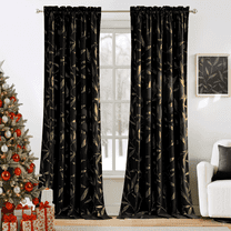 NICETOWN Velvet Curtains 84 Inches Long, Leaf Patterned Gold Foil Printed Curtains for Bedroom Living Room Soft Room Darkening Thermal Insulated Rod Pocket Window Drapes, Black, 2 Panels