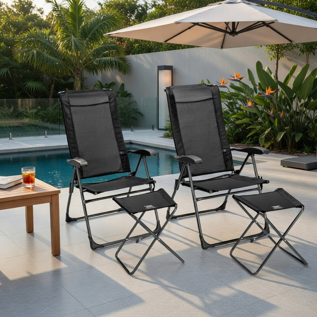 Hommoo 4-Piece Adjustable Reclining Patio Chair & Ottoman Set, Folding Outdoor Dining Chairs with 7-Position Backrest, Steel Frame, Breathable Mesh, for Backyard, Garden, Poolside, Black