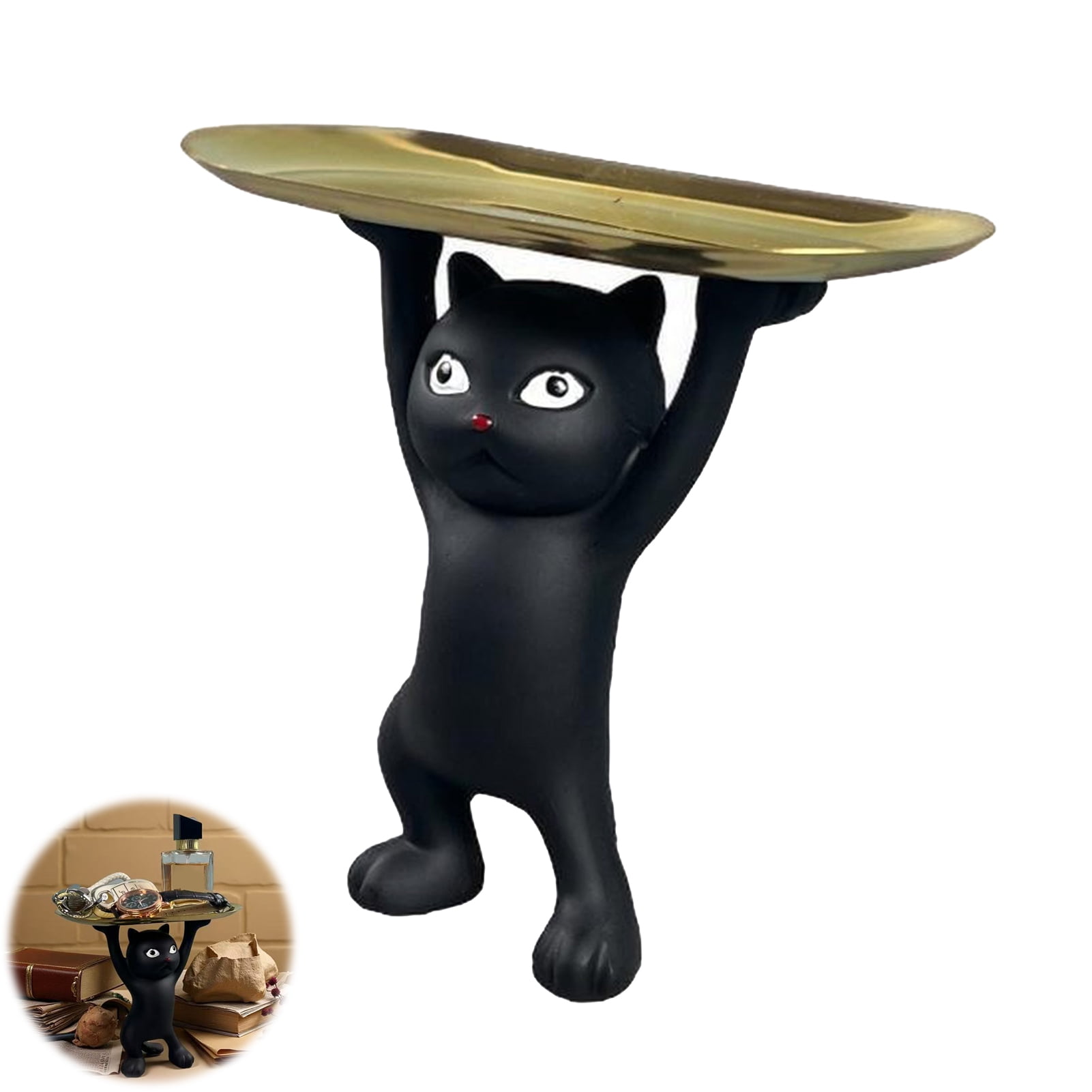 OIUR Cartoon Cat Key Storage Tray Resin Standing Cat Figurine Statue with Tray Multi-purpose Jewelry Trinket Holder Organizer Decoration