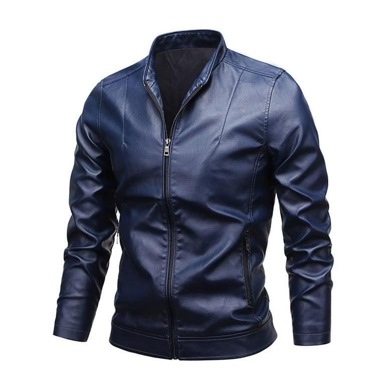 Men Blue Slim Fit Leather Jacket
