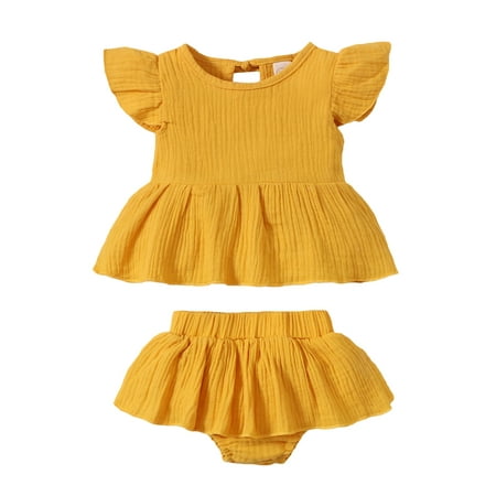 

Suanret Infant Girls Shorts Set Solid Color Flying Sleeve Ruffle Hem Tops with Elastic Waistband Shorts Yellow 0-3 Months