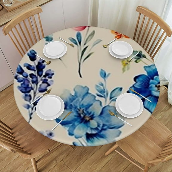 Elegant Flower Butterfly Fitted Elastic Table Cover for Round Table, Waterproof Oil Proof Tablecloth for Indoor Outdoor