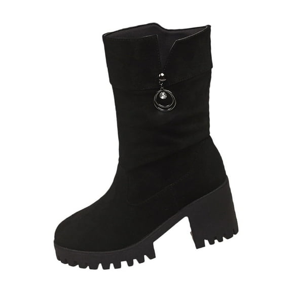 Black Ladies Block Heel Boots With Metal Detail Round Toe Comfortable Elevated Ankle Boots Fall Winter