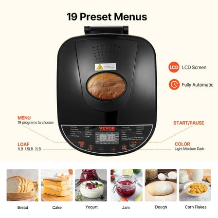 2LB Bread Maker Machine 19-in-1 Functions, Automatic Dough Kneading with Nonstick Coating, 3 Crust Options, Compact and Efficient