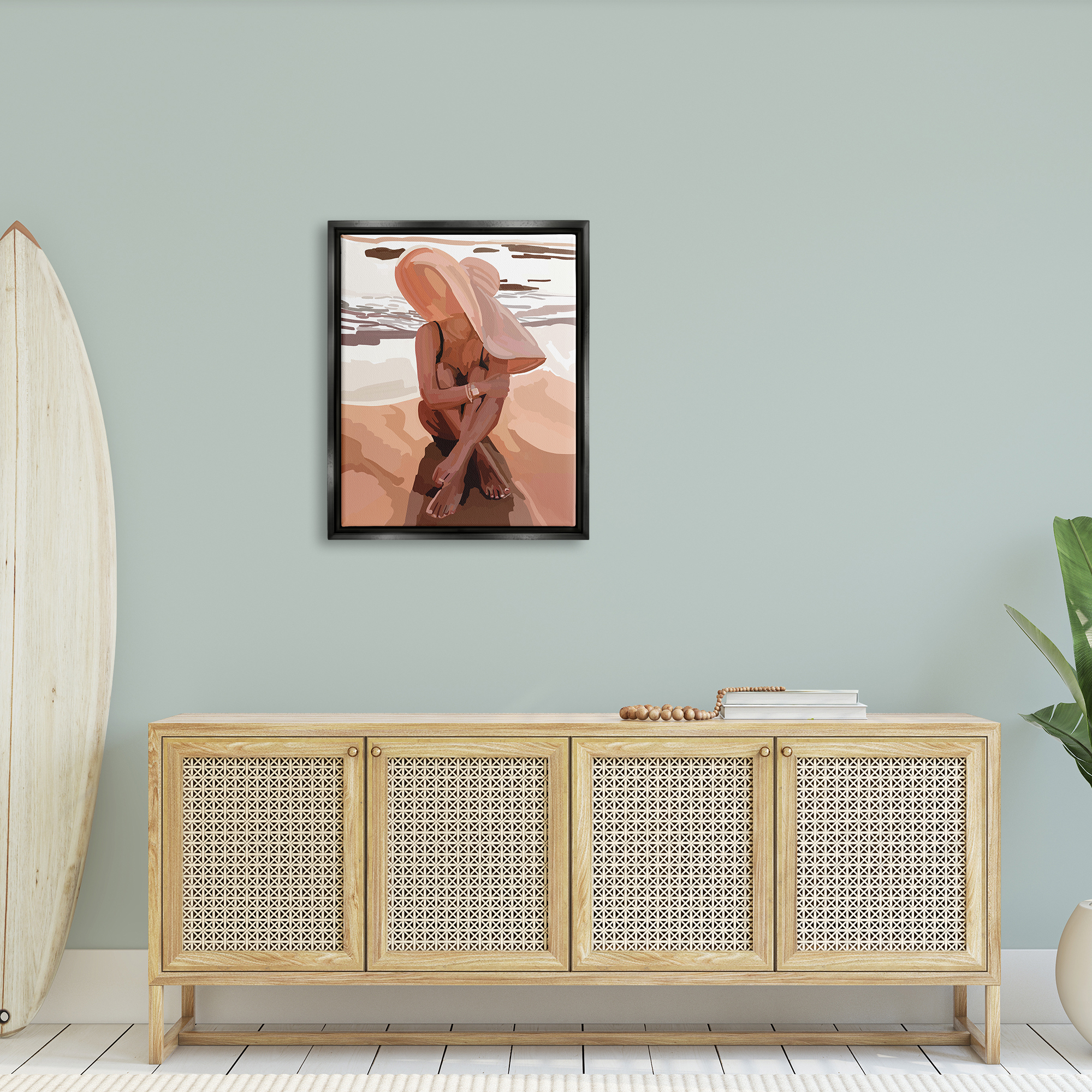 Stupell Industries Woman Sitting Enjoying Ocean Shore Summer Beach Graphic Art Jet Black Floating Framed Canvas Print Wall Art, Design by Amelia Noyes