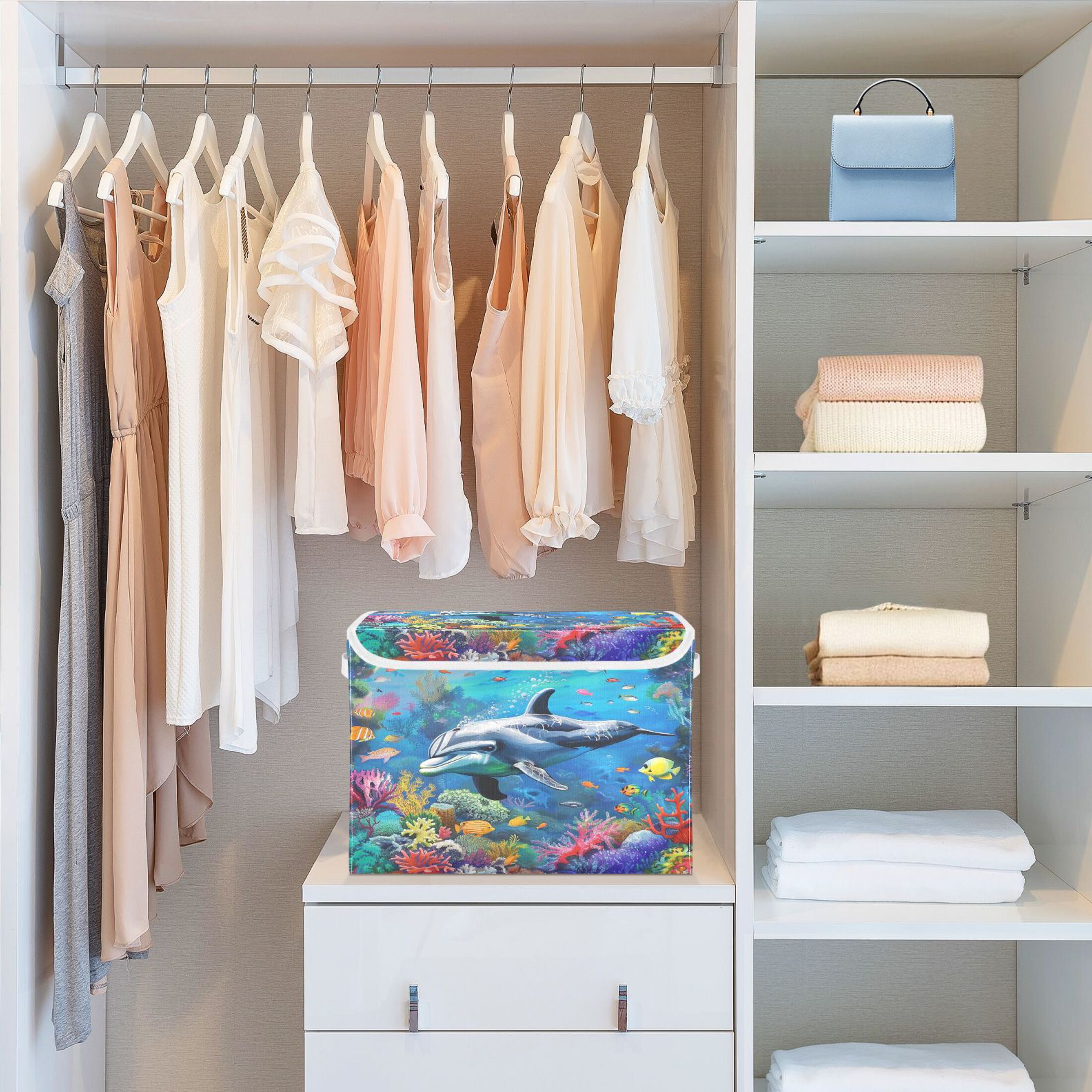 Ryvnso Dolphin and Fish under Sea Large Lidded Foldable Storage Baskets Cubes Boxes Lids Bin for Home
