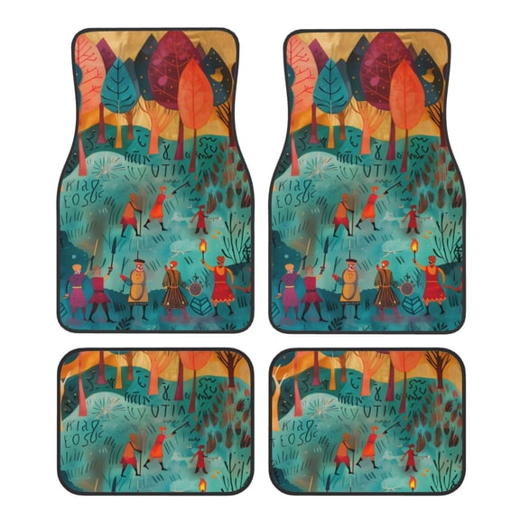 Honeii Whimsical Forest Scene Print Car Foot Mat Four-Piece Set - Front & Rear Universal Car Floor Mats for SUVs, Trucks, Sedans