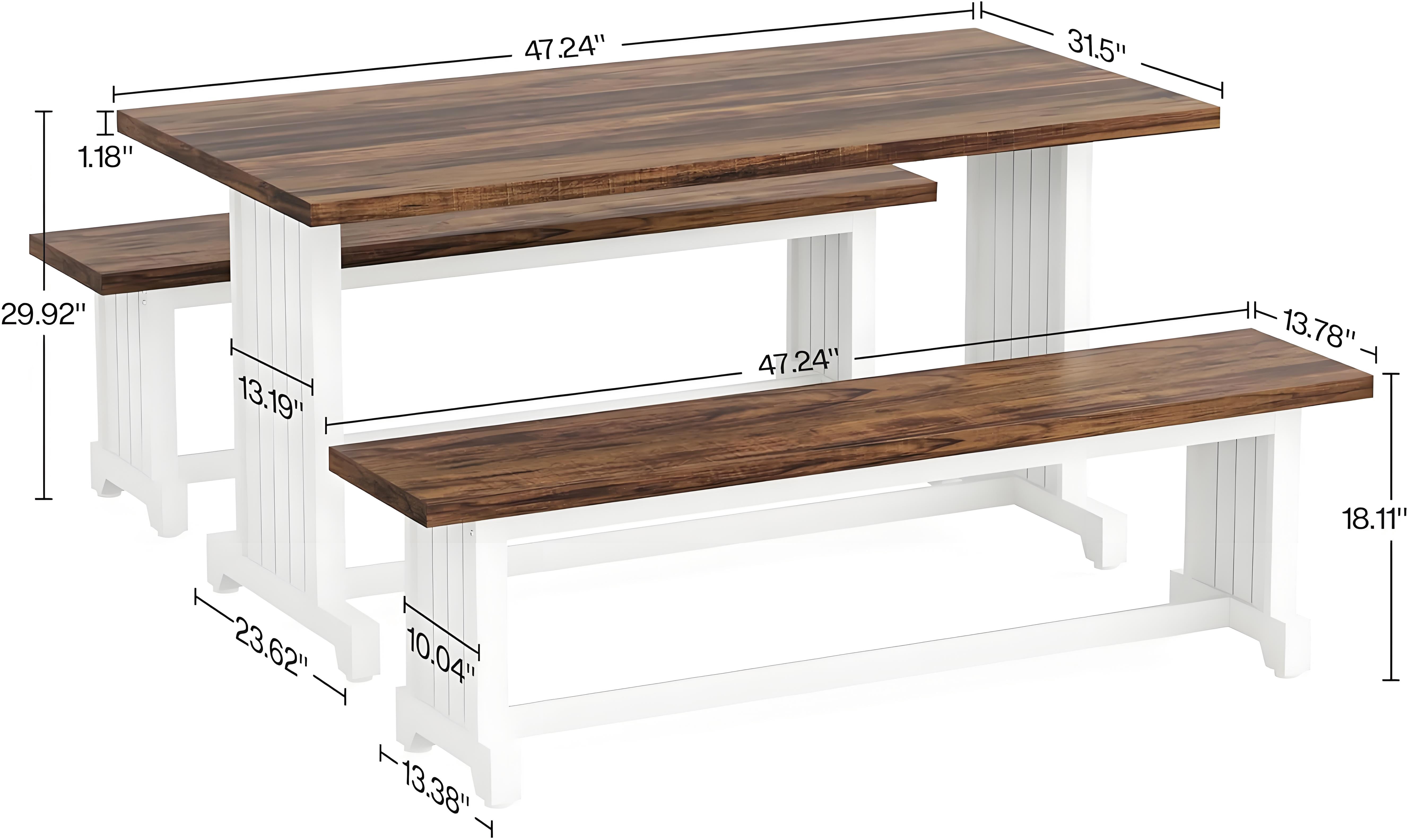 Dining Table and Chair Set, 3-Piece Farmhouse Kitchen Table with 2 Benches, 52.76 in Length, White Brown