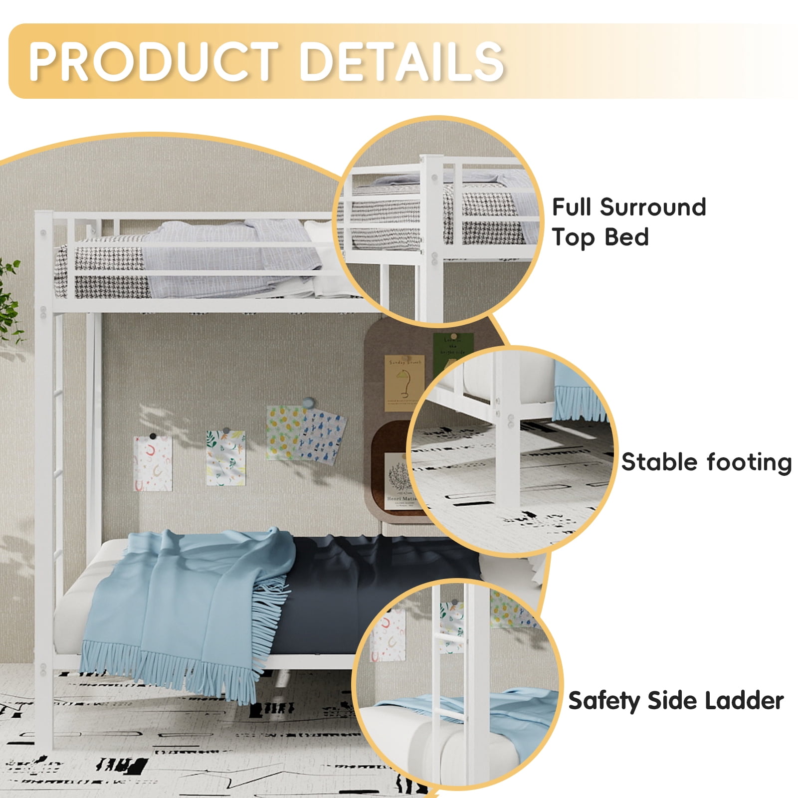 Leumius Full over Full Metal Bunk Bed Frame with Safety Rails & Ladders, Heavy-Duty Quiet Design for Teens and Adults,White