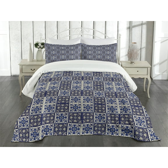 Ambesonne Moroccan Quilted Bedspread Set 3 Pcs, Squares Azulejo Tiles, King Size, Navy Blue Beige