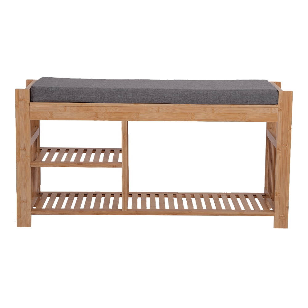 Lowestbest 100% Bamboo Shoe Stool With Cushion, Three-Layer Entrance Bench With Shoe Rack for Bedroom Entryway Bathroom etc, Wood Color