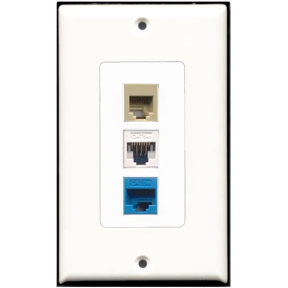 RiteAV - 1 Port Phone RJ11 RJ12 Beige 1 Cat5e Ethernet White 1 Cat5e Ethernet Blue Wall Plate Decorative