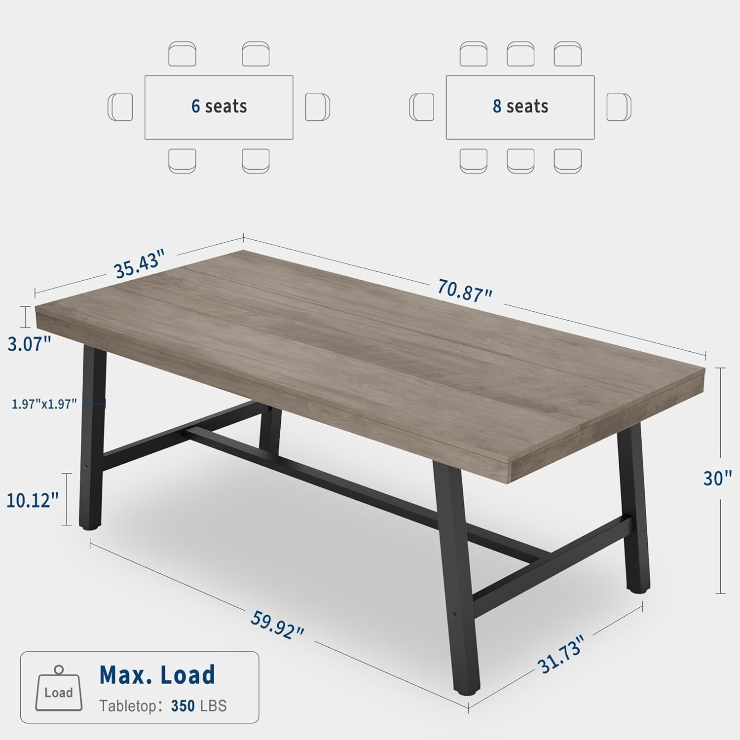 70.87 Inch Long Large Rectangle Dining Table for 6-8 People, Modern Kitchen Dining Room Table with Rustic Wooden Tabletop & Strong Metal frame(Only Gray Table)