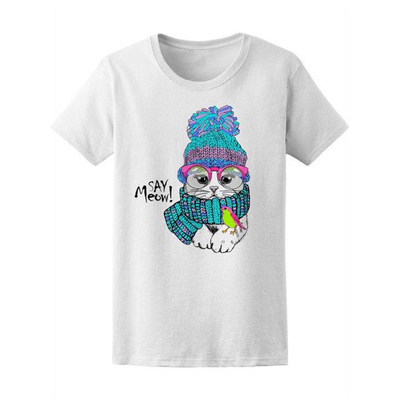 White Cat With Glasses Bird T-Shirt Women -Image by Shutterstock, Female Small