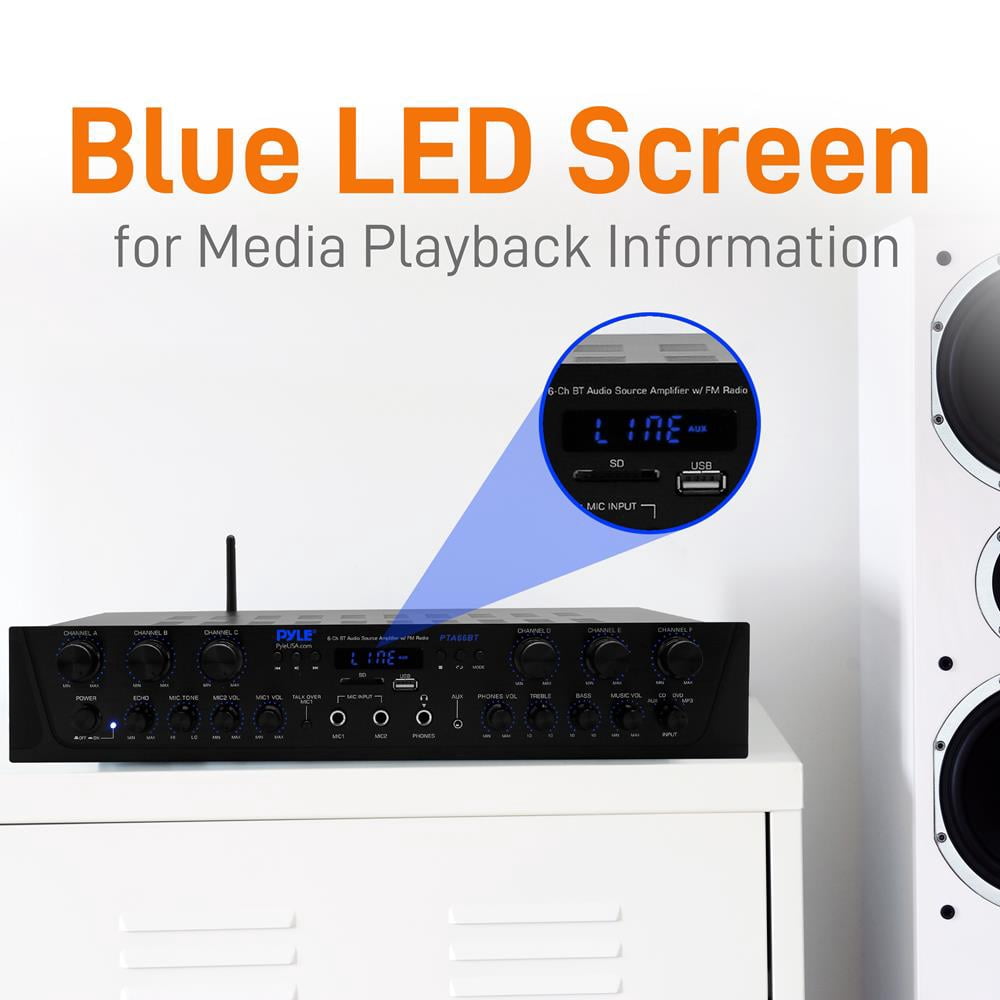 Pyle 600 Watt 6 Channel Bluetooth Amplifier Stereo Receiver w/ Remote Control PTA66BT