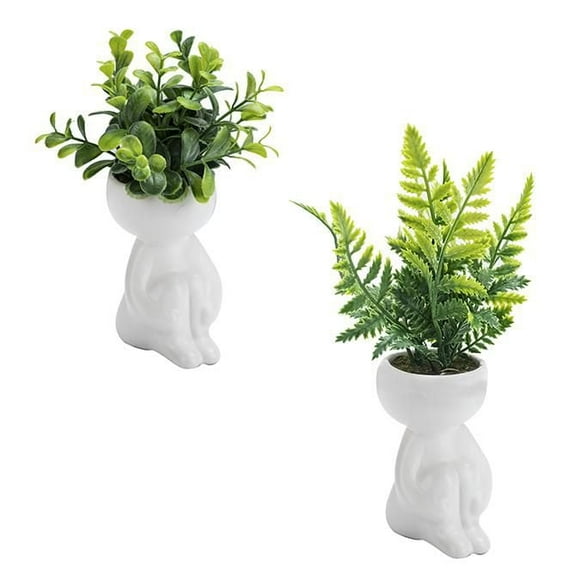 PLASTIC GREENERY IN WHITE CERAMIC FIGURE, 2 ASSORTED, GREEN, 16CM & 20CM