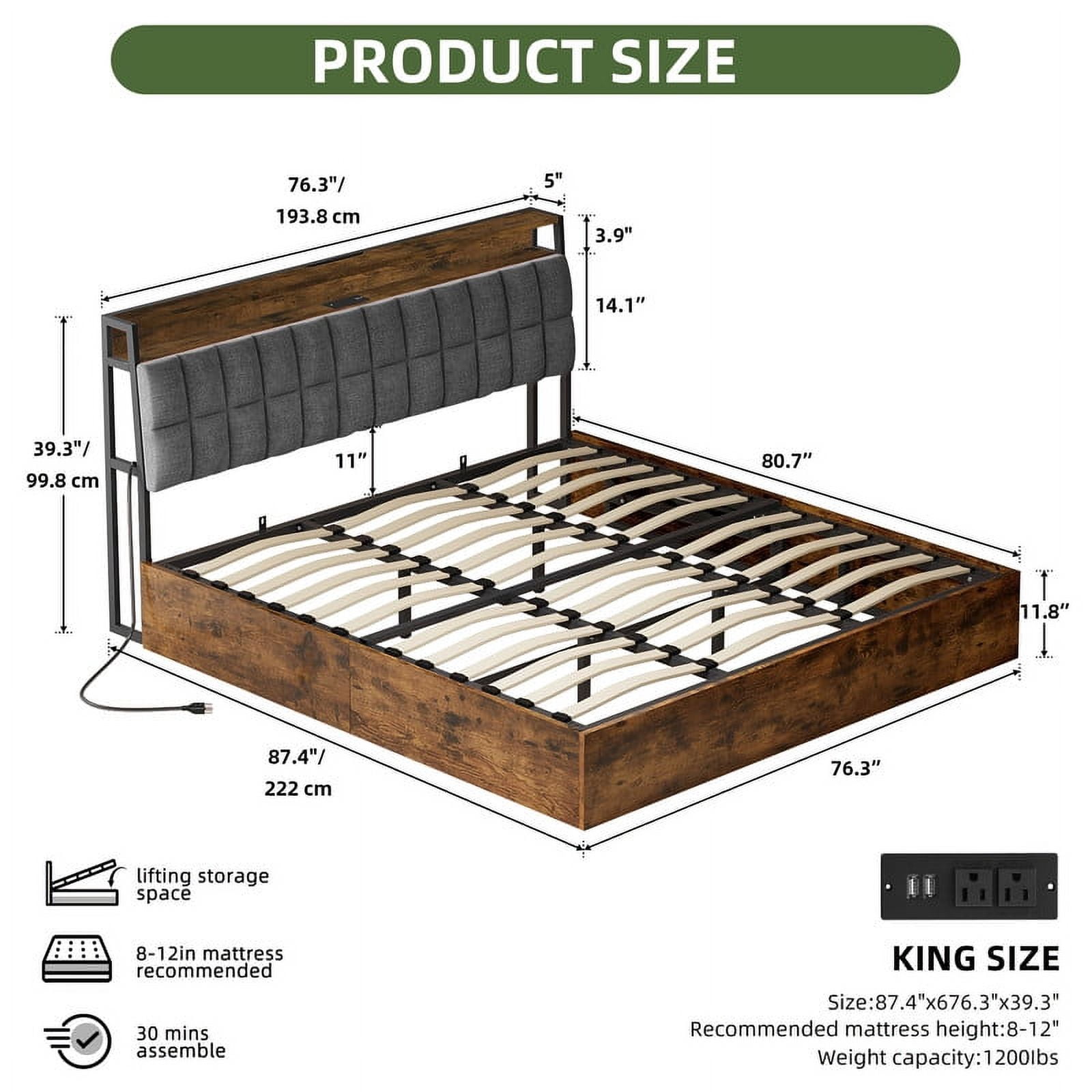 Uforic King Size Lift Up Bed Frame with Charging Station & RGB LED Lights, Upholstered Storage Bed, Noise Free, Rustic Brown