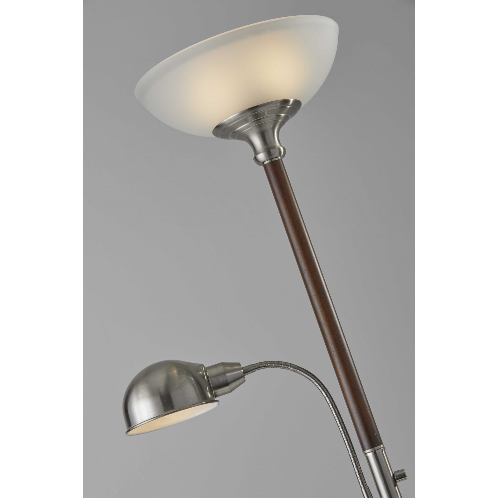 Two Light Combo Floor Lamp Wood Brushed, Floor Lamp With Reading Light And Glass Steel Shades