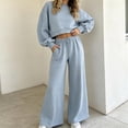 thumbnail image 2 of Women's Vintage Polka Dot 2 Piece Outfits Crop Sweatshirt and Loose Fit Wide Leg Flare Pants Y2K Retro Streetwear Casual Tracksuit Set Light Blue, 2 of 7