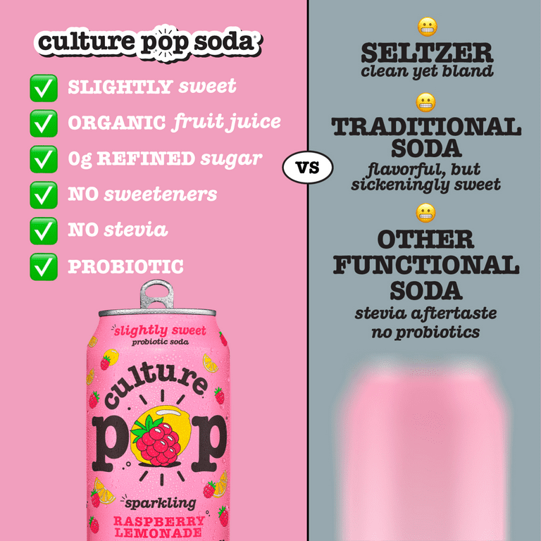 Culture Pop Soda Raspberry Lemonade, Probiotic Soda, 12 fl oz