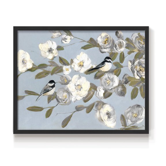 Chickadees and Blossoms I by Sally Swatland - Restickable Framed Giclée Print