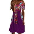 thumbnail image 2 of CALAFEBILA Female Midi Dress Retro Short Sleeve V Neck Print Panel Down Waist Womens Beach Knee-Length Dress, 2 of 8