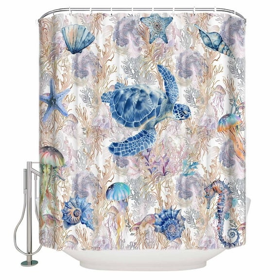 Extra Long Shower Curtain 72x84 Inch, Sea Turtle Shower Curtain Waterproof Bathroom Decor Summer Coastal Nautical Coral Seahorse Fabric Bath Curtain Set Accessories with Hooks