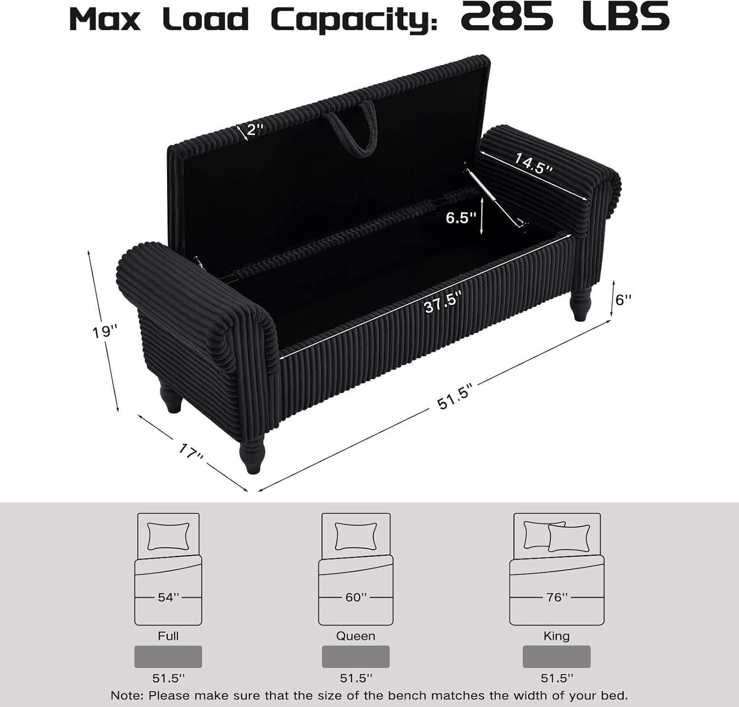 51.5" Corduroy Storage Ottoman Bench, Upholstered End of Bed Bench for Bedroom Living Room Entryway Window Seat（Black）