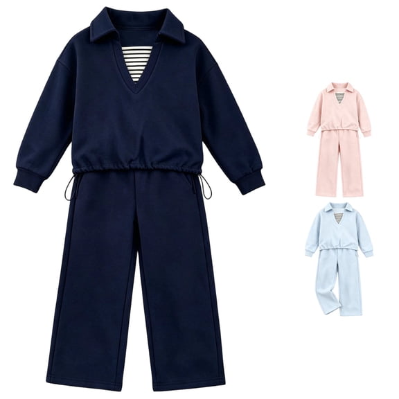 OSOLU Girls 2 Piece Outfit Lapel Two Piece Long Sleeve Top Drawstring Wide Leg Pants Casual Tracksuit Black