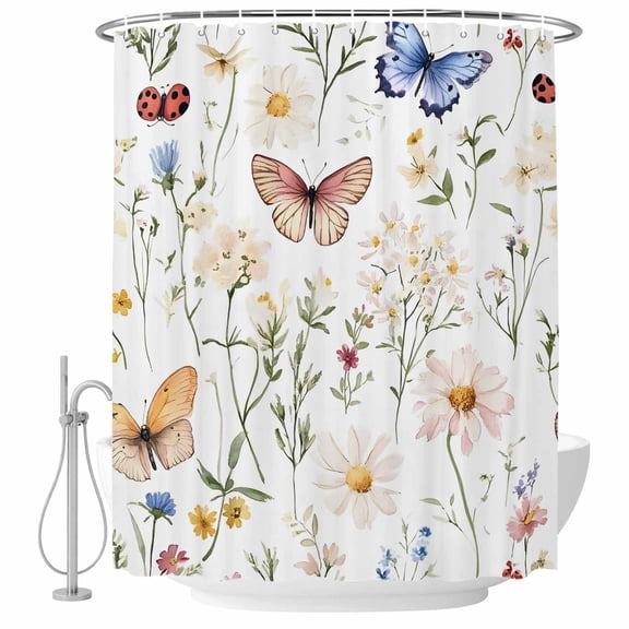 Farmhouse Butterfly Flowers Shower Curtain Set - Long 72" x 84" Washable Bathtub Curtain with 12 Hooks, Spring Botanical Floral Waterproof Fabric Stall Shower Curtains for Bathroom/Bathtub Décor