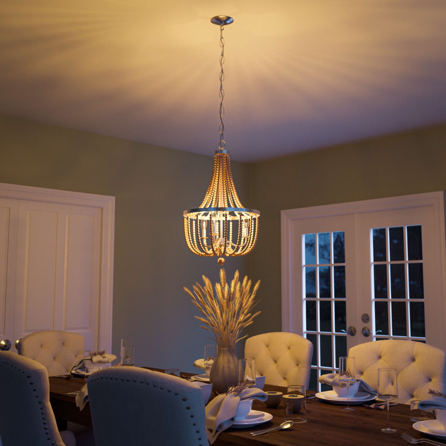 Regas 3 Lt Wood Bead Chandelier with Silver Finish