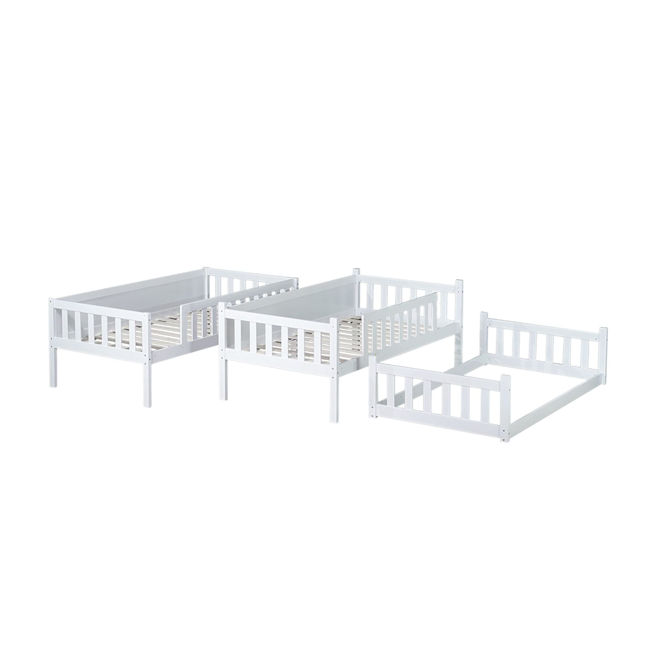 Noble House Lydia Triple Rubber Wood Bunk Bed, Convertible Twin over Twin over Twin with Guardrails and Ladders, White