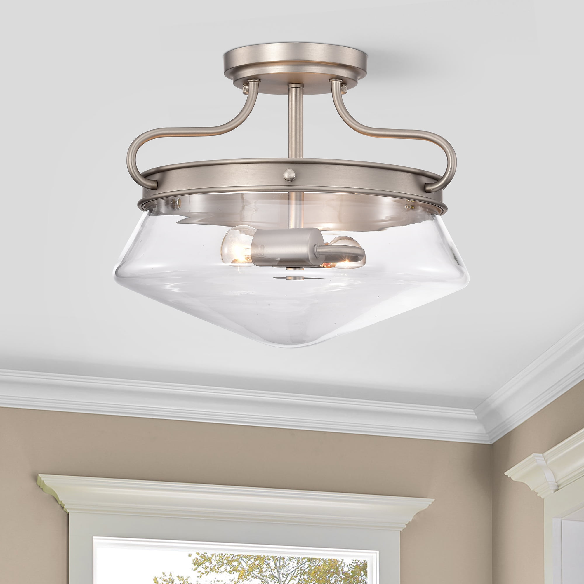 Warehouse of Tiffany Tayla Matte Satin Nickel 2-Light Metal & Glass Bowl Shade Semi-Flush Mount