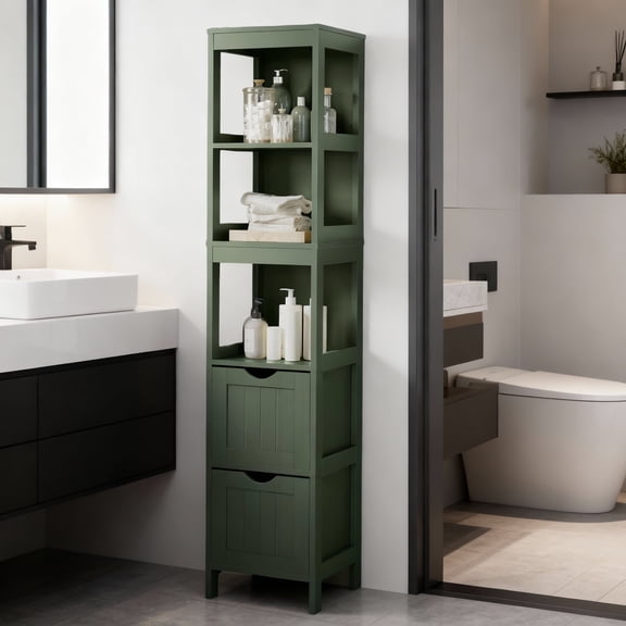 LEDREM Storage Cabinet with 2 Drawers and Open Shelf, Multifunctional Freestanding Corner Storage Rack for Bathroom, Living Room, Bedroom, Forest Green