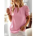 thumbnail image 2 of Blusa con cuello redondo y manga corta de encaje doble, plisada, color liso, blusa con recorte para mujer, dama, niña, rosa, S, 2 of 5