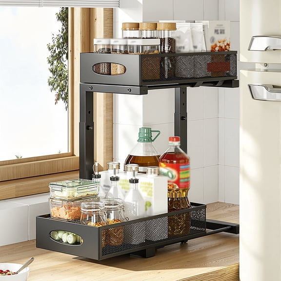 Findosom 2 Pack Under Sink Organizer, Adjustable Height, 2 Tier Slide Out Under Cabinet Organizer with 4 Hooks, Pull out Under Sink Storage, Metal Kitchen Storage Rack for Bathroom Laundry Black