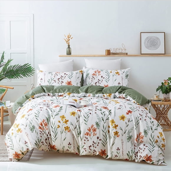 Floral Duvet Cover Queen Size Botanical Leaf Yellow Flowers Printed Reversible Striped Bedding Set Pieces Soft Microfiber Garden Farmhouse Comforter Cover with Zipper Ties