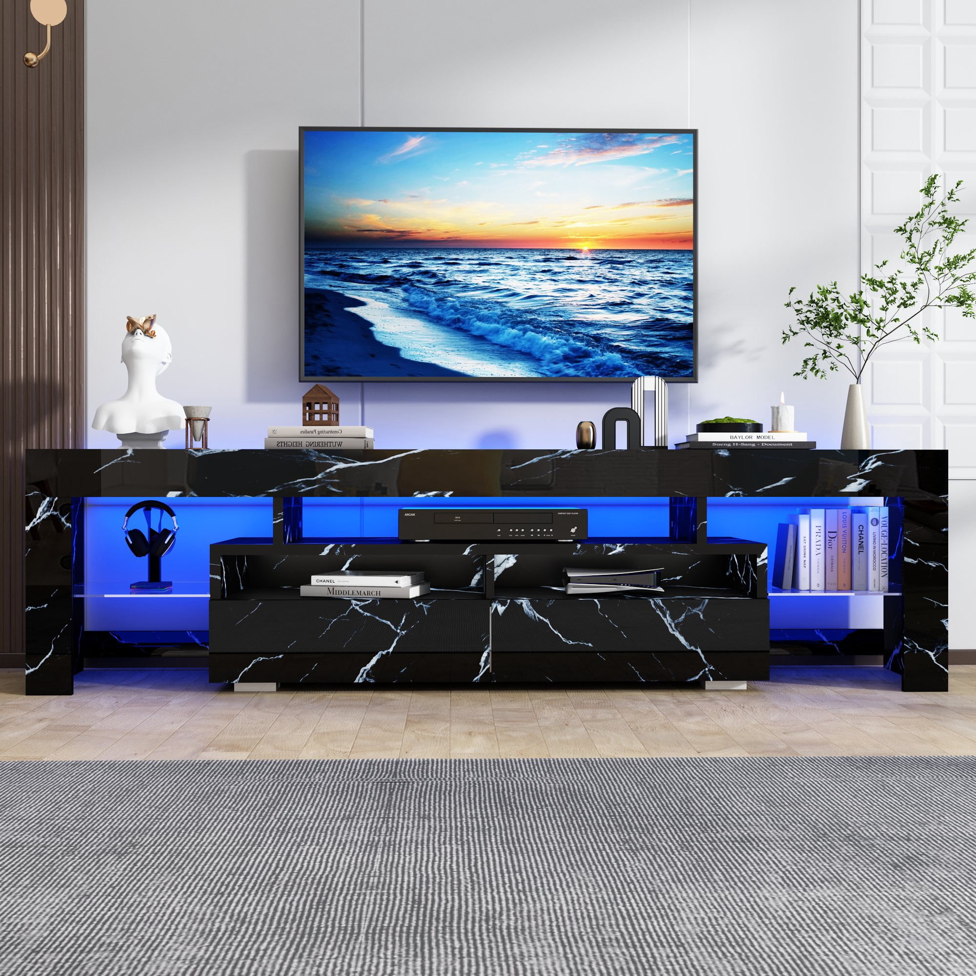 ChVans LED TV Stand for 65/75/85 inch TV, High Glossy Modern Entertainment Center with Drawer and LED Lights