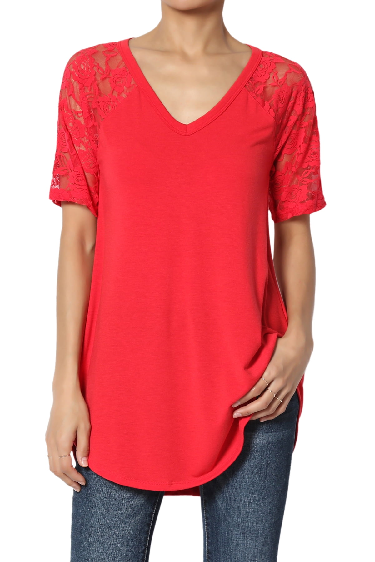 TheMogan Women's S3X LaceSleeve Jersey Top VNeck Extended Curved Hem