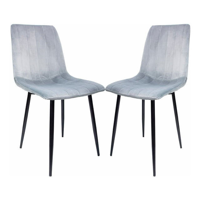 set silla comedor rack & pack estilo eames tapizada gris terciopelo 2 piezas, vista 3/4 frontal de dos sillas con respaldo curvo y asiento acolchado en acabado terciopelo, patas metálicas delgadas con acabado tipo madera y base de plástico; para uso en interiores en casa, oficina o cafetería, soporte 80 kg por silla; también suelen usarse como sillas auxiliares en escritorios compactos.