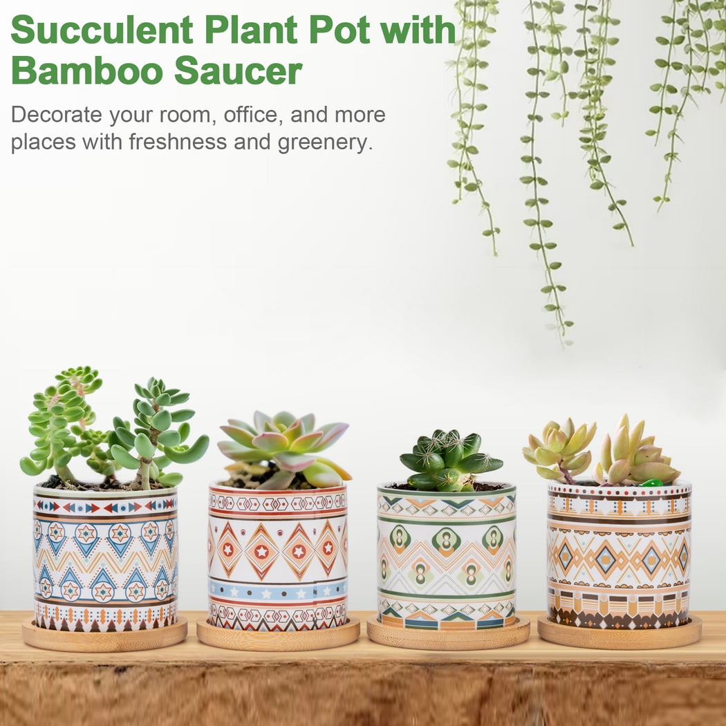 4 Pack Succulent Pots with Saucers, 3" x 3" Round Bohemian Ceramic Succulent Pot, Small Planter with Drainage Hole, Ceramic Cactus Pots, Succulent Plant Pot and Bamboo Tray Set