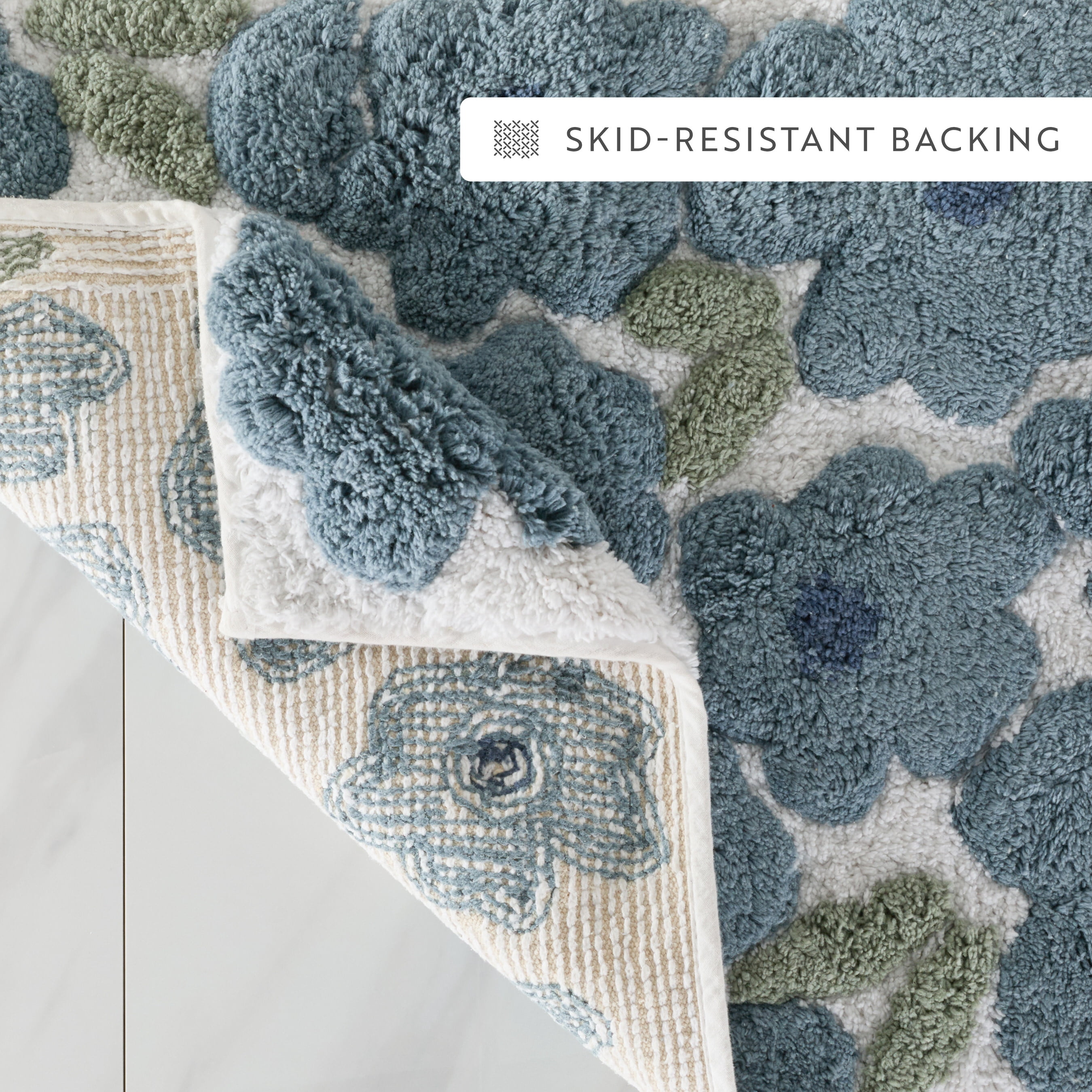100% Cotton Floral Patterned Bath Mat by Comfort Canopy, Light Blue Blossoms, 24" x 17"