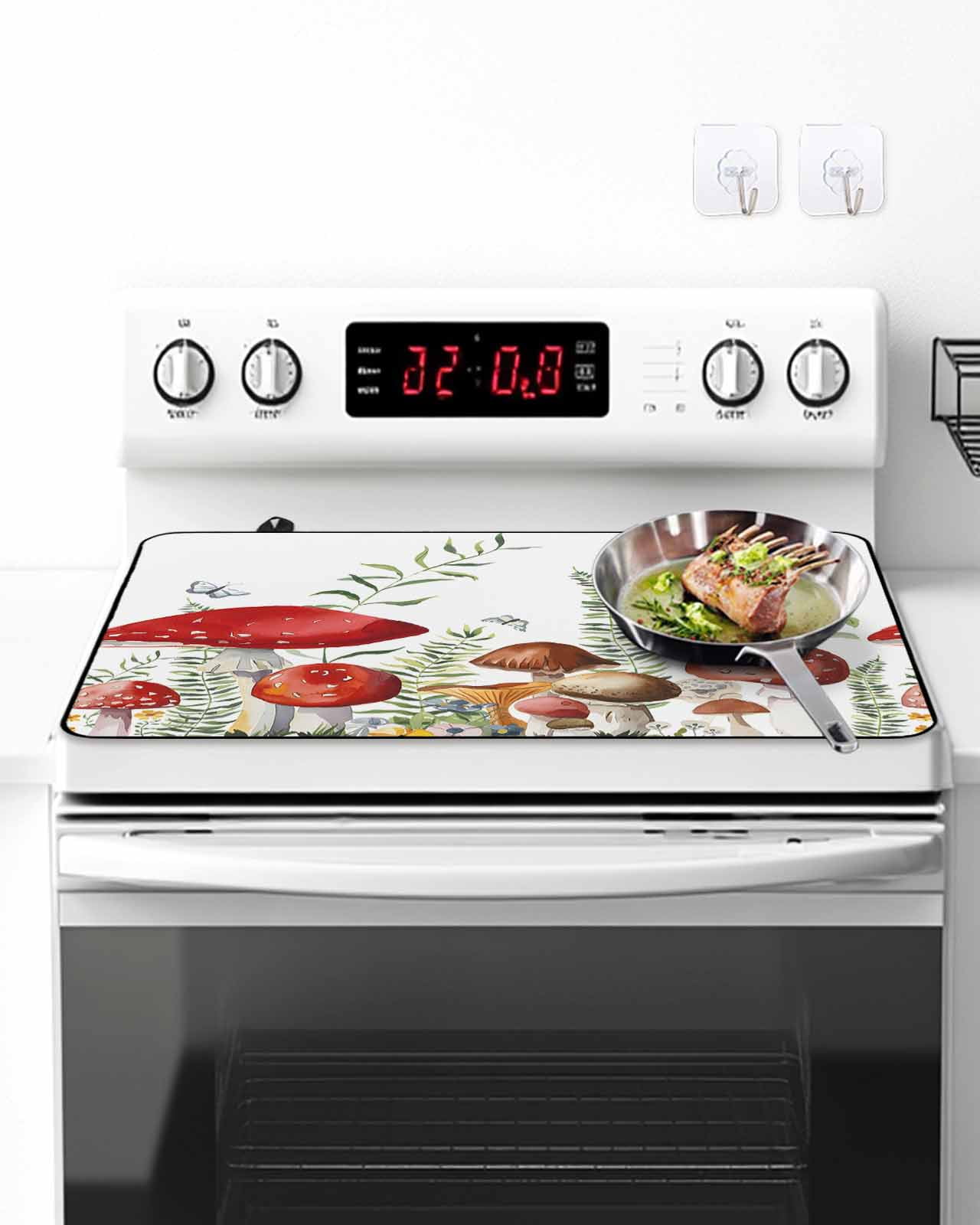 Stove Top Covers for Electric Stove, Mushrooms Eucalyptus Glass Stovetop Cover Protector, Sage Green Botanical Butterflies Induction Cooktop Protector Oven Mat for Kitchen Countertop 24"x21"