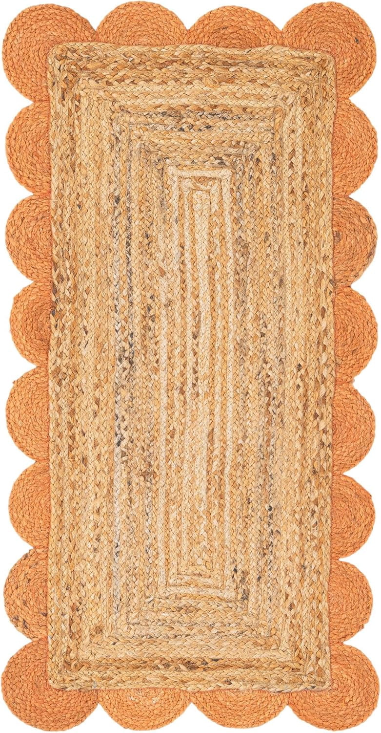 Indian Handmade Braided Natural Jute with Orange Border Scalloped Area Rug 2 x 5 Feet (61 cm x 152 cm), Home Decor Rugs