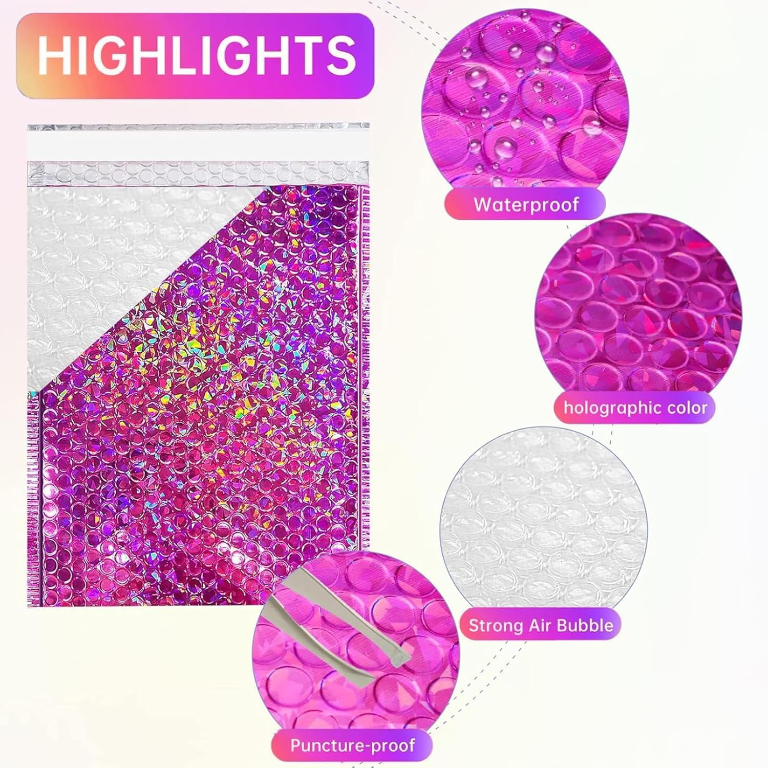 50Pcs Metallic Bubble Mailers,Waterproof Self Seal Adhesive Cushion Envelopes,Foil Glitter Shipping Mailer,Holographic Bubble Mailer for Mailing Packing Small Business,Thicken,3 Sizes,Rose Red