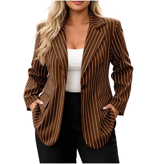 hoksml Women Vertical Stripe Blazer Jacket, Lapel One Button Long Sleeve Office Coat with Pockets, Relaxed Fit Business Casual Outerwear Top