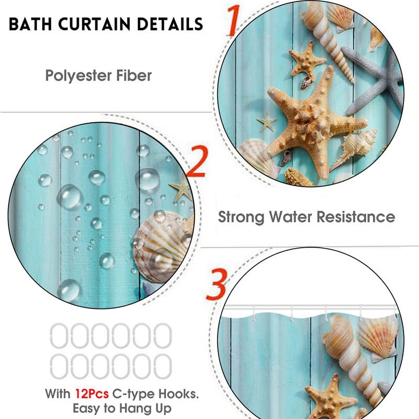 70.9 Ocean Shower Curtain, Seashells Starfish Conch Waves Ocean Waterproof  Bath Curtains with 12 Hooks for Bathroom Toilet Decor 