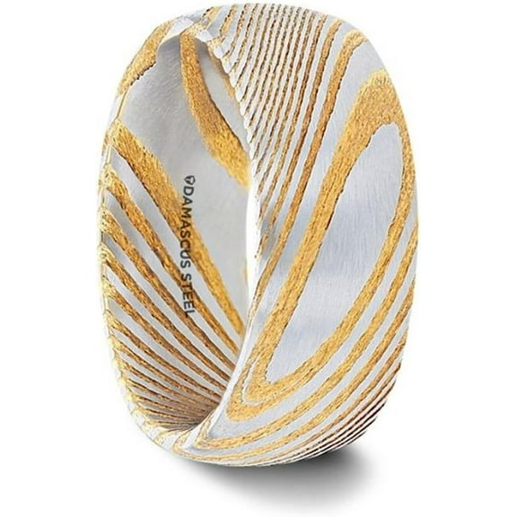 JOFFREY Gold Color Damascus Steel Brushed Beveled Men’s Wedding Band with Repeating Artisan Pattern - 6mm & 8mm