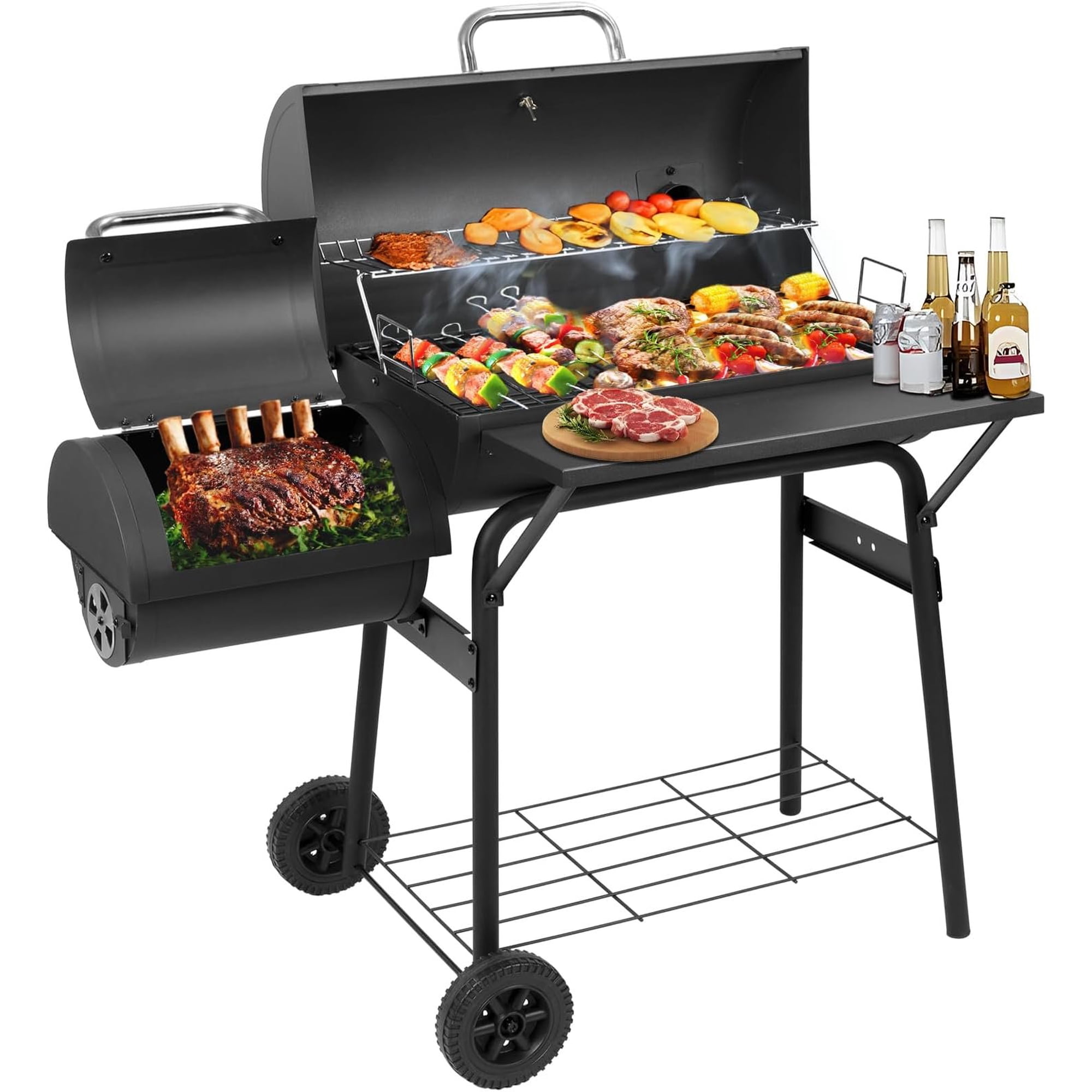 Charcoal Grill with Offset ,BBQ Grills with Side Table,Outdoor Cooking with 535 Square Inches,Backyard Camping Picnics, Patio and Parties, Black by